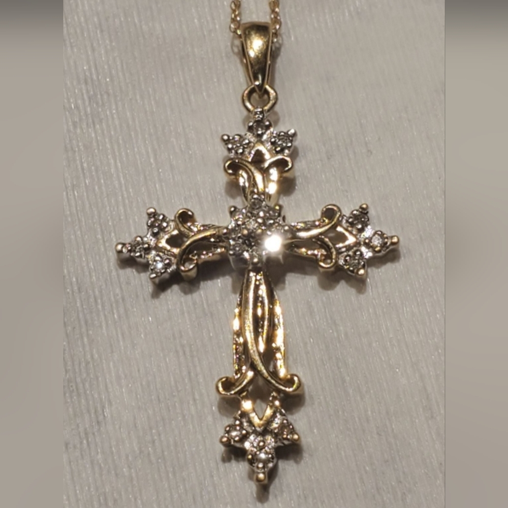10k Yellow Gold Roman Catholic Diamond Cross Necklace